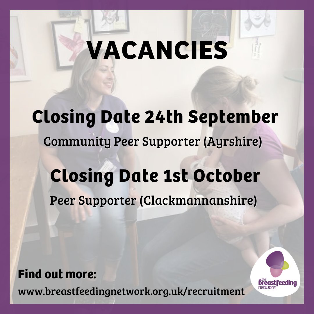 Have you seen our latest vacancies?

We're currently looking for peer supporters in Ayrshire and Clackmannanshire!

Apply here: 
breastfeedingnetwork.org.uk/get-involved/r…

#BfNVacancies #PeerSupporterJobs #CharityJobs