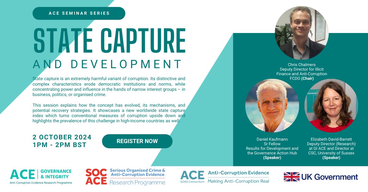 Centre for the Study of Corruption (@sussex_scsc) on Twitter photo Have you signed up for the first Anti-Corruption Evidence (ACE) #Seminar?
🔗 Register: bit.ly/aceseminar1
Join us on 2 Oct 2024, 1-2 PM BST for an insightful discussion on State Capture & Development with <a href="/kaufpost/">Daniel Kaufmann</a> & <a href="/LizDavidBarrett/">Prof Liz David-Barrett</a>, chaired by Chris Chalmers! Have you signed up for the first Anti-Corruption Evidence (ACE) #Seminar?
🔗 Register: bit.ly/aceseminar1
Join us on 2 Oct 2024, 1-2 PM BST for an insightful discussion on State Capture & Development with <a href="/kaufpost/">Daniel Kaufmann</a> & <a href="/LizDavidBarrett/">Prof Liz David-Barrett</a>, chaired by Chris Chalmers!