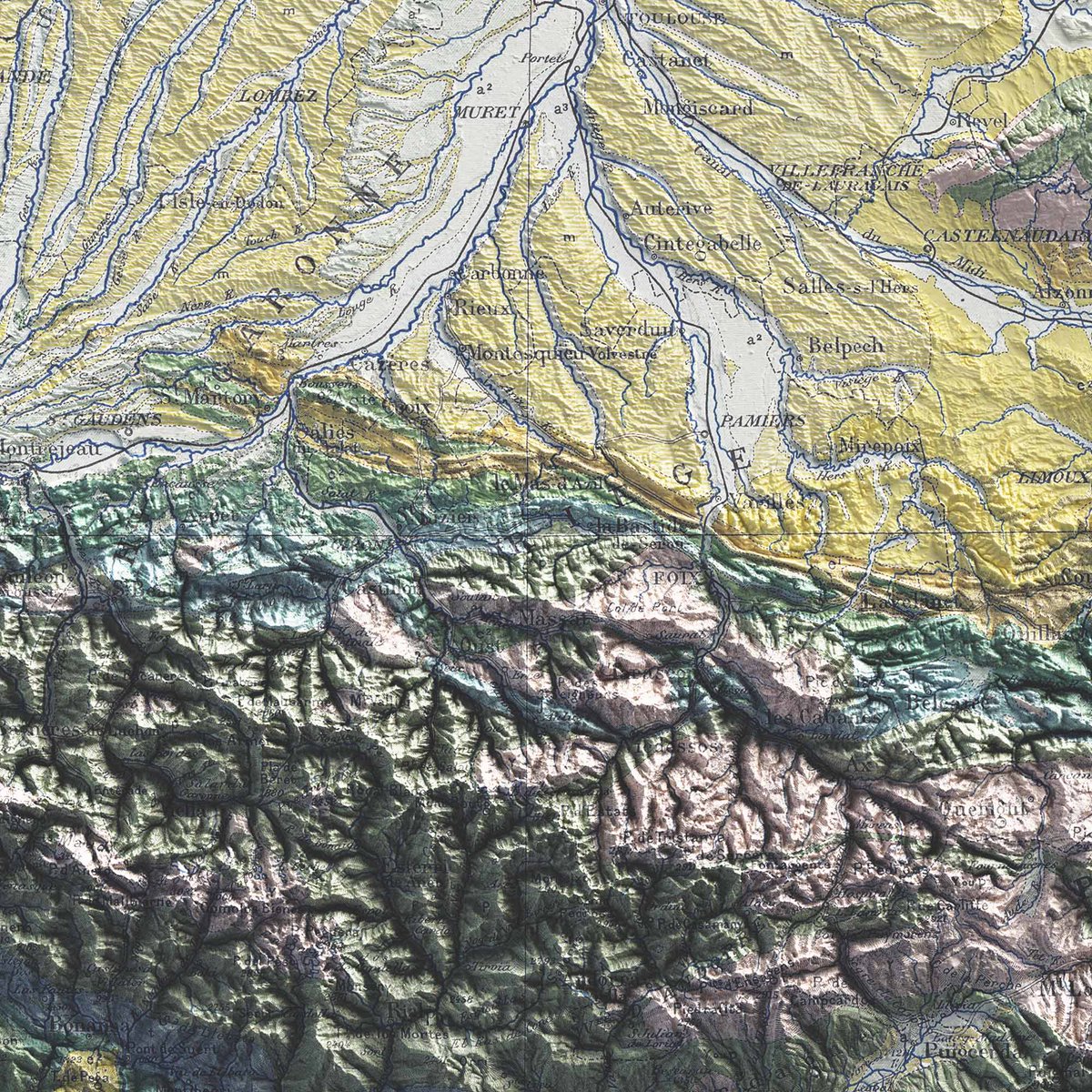 hellovizart's tweet photo. Details from the 1891 map of the Pyrenees with a soft coloration.
See the full map here: https://t.co/Mg2NVk3CAZ
#geologicalmap #cartography #dataviz https://t.co/ohsOQfMyWH