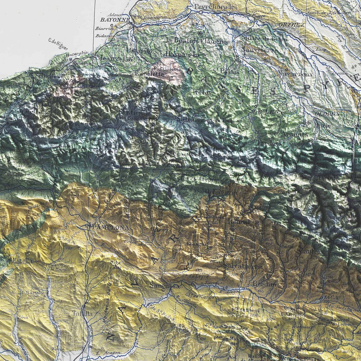 hellovizart's tweet photo. Details from the 1891 map of the Pyrenees with a soft coloration.
See the full map here: https://t.co/Mg2NVk3CAZ
#geologicalmap #cartography #dataviz https://t.co/ohsOQfMyWH