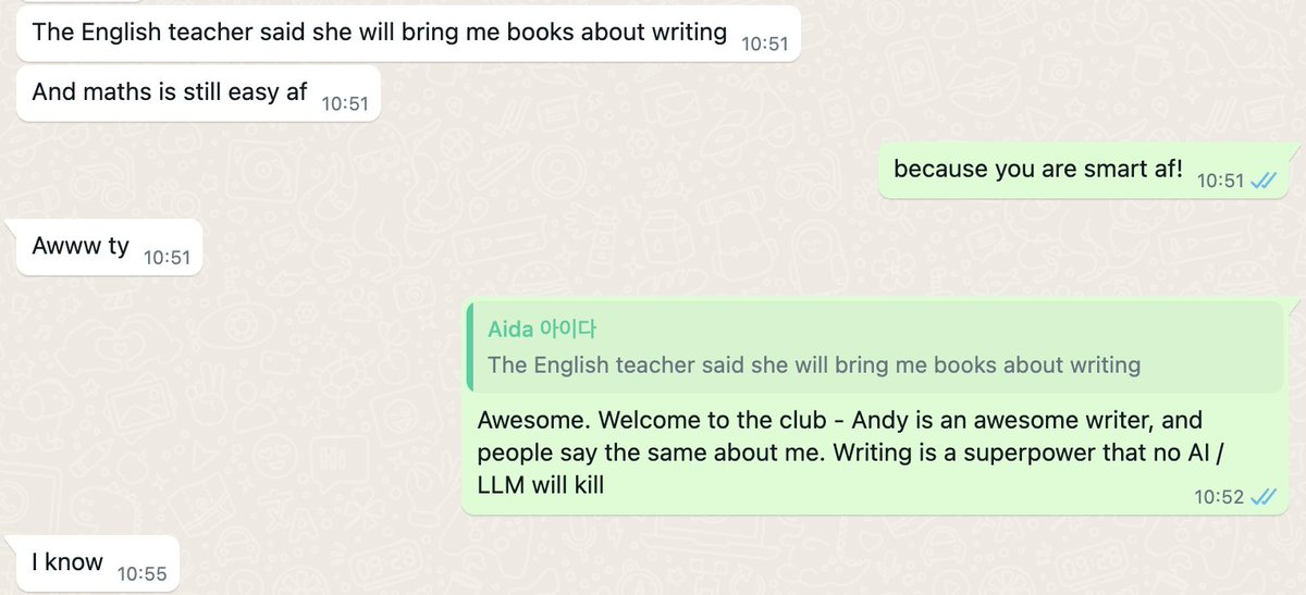 Not having kids can be a superpower (more money, time, and nerves, as any parent can surely confirm), but it also means fewer smiles and less pride over random daily convos like this one.