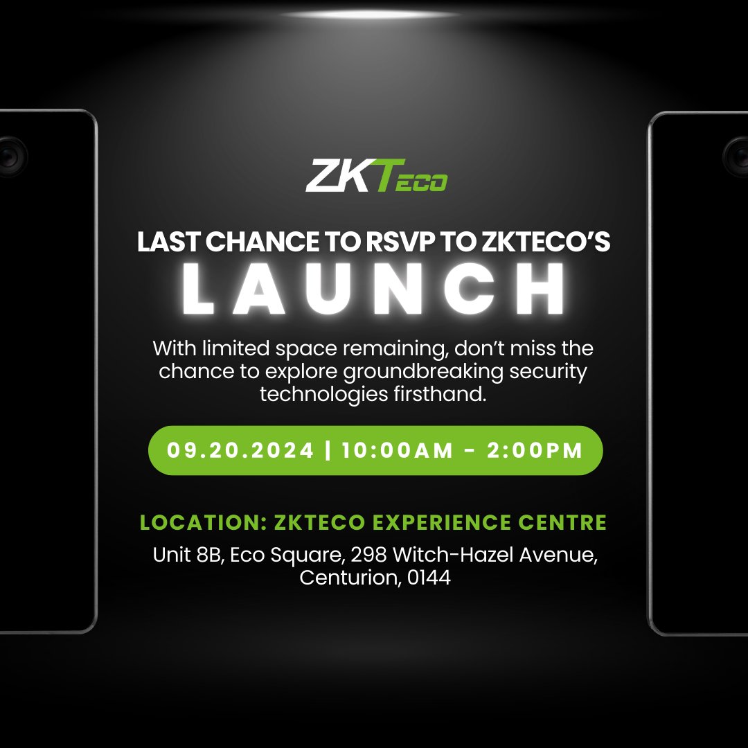 ZKTecoSA's tweet image. Don't miss out on the future of security! 

Today is your last chance to RSVP for our highly anticipated Biometric Security Technology launch. 

Limited spots left—secure yours NOW!
zfrmz.com/hnFYaWQOJW218v… 

#ZKTeco #BiometricSecurity #Innovation #RSVPNow #LimitedSpace