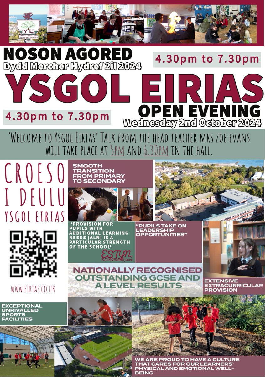 Ysgol Eirias Open Evening:  Wednesday 2nd October, 4.30pm to 7.30pm.  We welcome you to visit Eirias, meet the staff and pupils, see the facilities and classrooms, and find out why we are ranked as one of the best schools in Wales.  #openevening #succeedingtogether