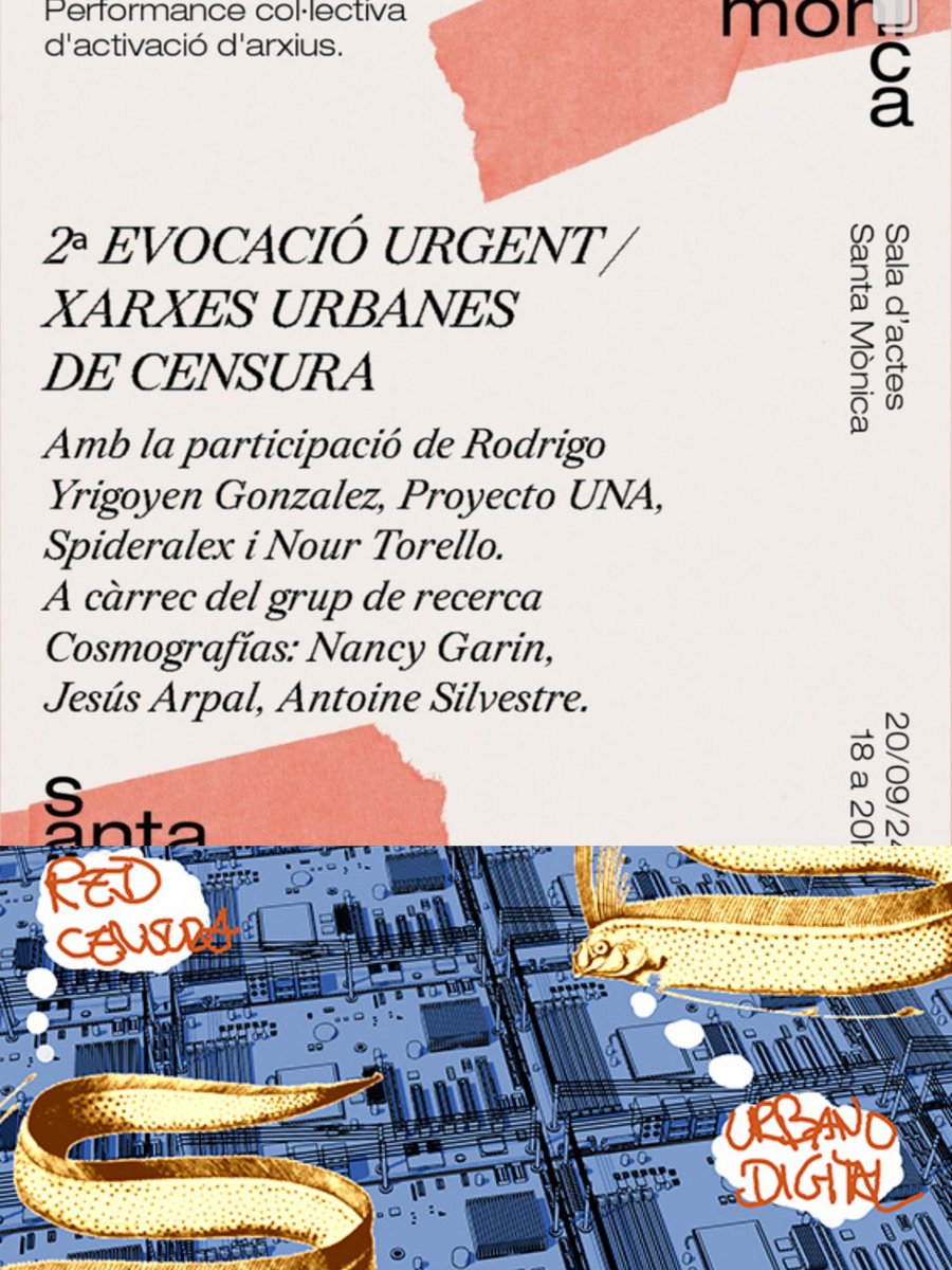Nos vemos mañana viernes 20 a las 18 HRS en Arts Santa Mónica para performance colectiva de Cosmografías en nuestras 2 Evocación Urgente/ Redes urbanas de censura
<a href="/lacanibalpiula/">Llibreria La caníbal</a> 
<a href="/luchando39/">Nancy Garín Guzmán</a> 
<a href="/ProyectoUna/">@proyectouna@mastodon.social</a> 
<a href="/spideralex/">spideralex</a> 
Nou Torello
Les esperamos!!