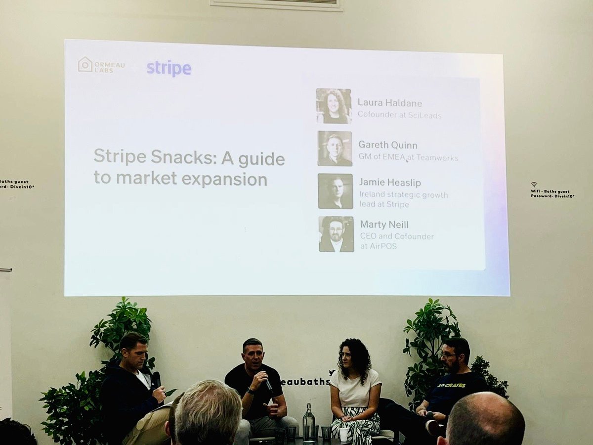 Thanks to <a href="/stripe/">Stripe</a> for having us on the Stripe Snacks panel this morning at Ormeau Labs. And great to meet two amazing entrepreneurs also in Laura from @scileads and Gareth from @teamworks(ex Kairos). Eye opening stuff as always.