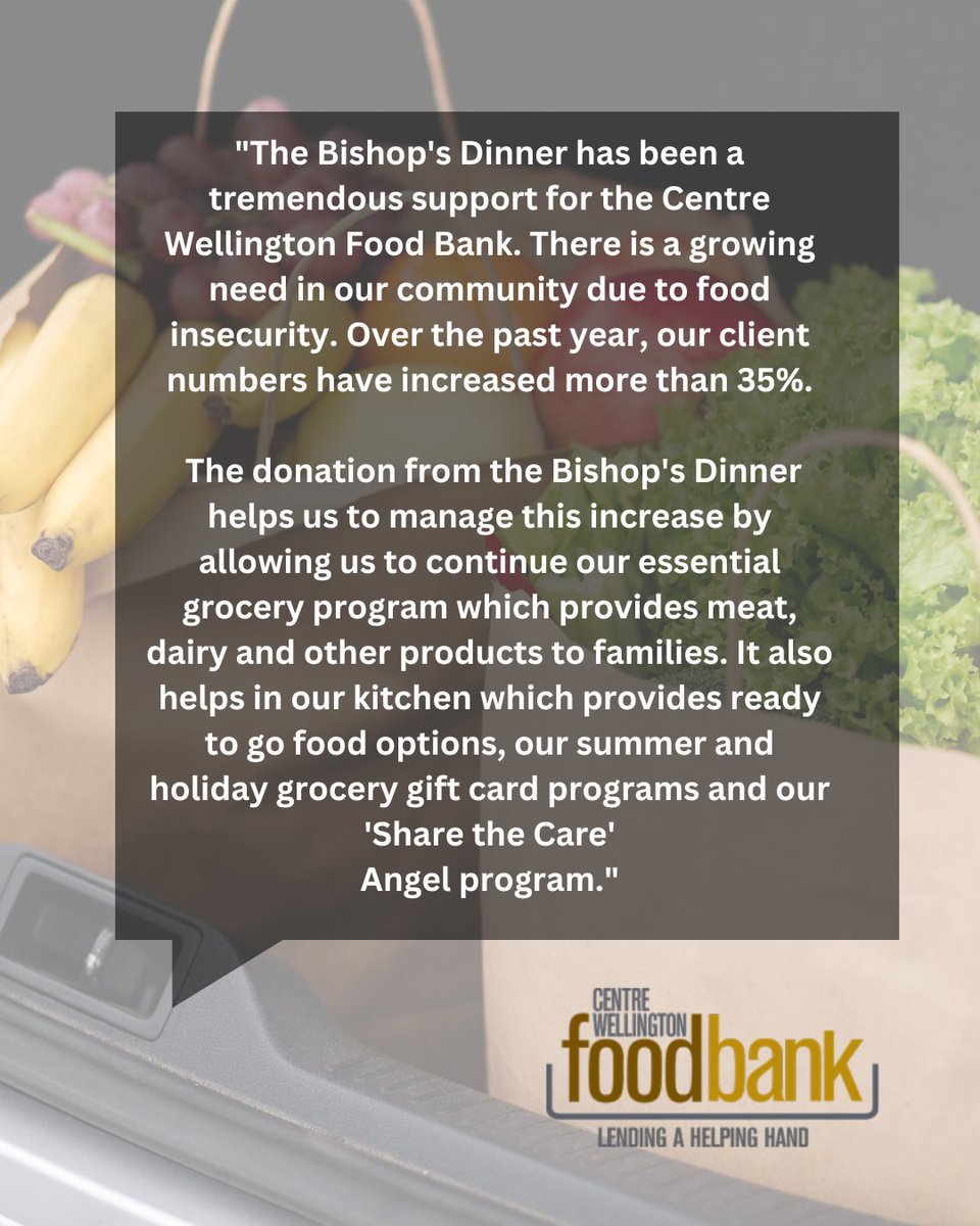 This year's Bishop's Dinner for Community Needs supports four recipients in Guelph and Wellington, among those beneficiaries is the Centre-Wellington Food Bank! 

Join us on Thursday, October 10 for this year's celebration - loom.ly/ouOj7aM