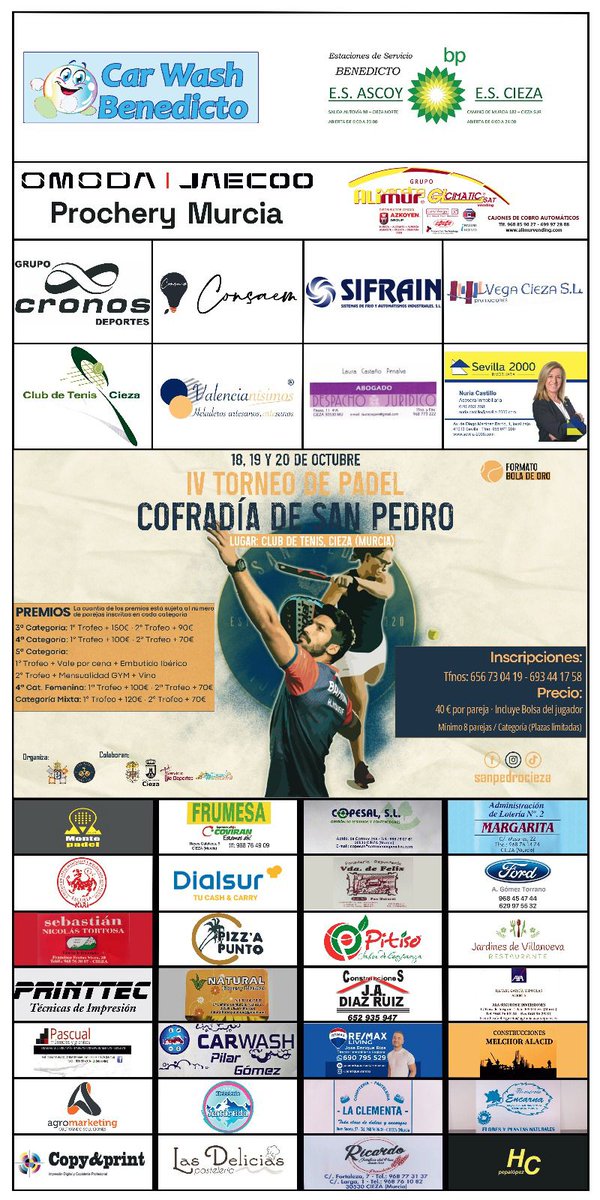 🏆 CONSAEM colabora un Año Más en el IV Torneo de Pádel Cofradía de San Pedro en Cieza 🏆

Nos encanta que CONSAEM vuelva a patrocinar este torno que se celebra en Cieza del 18 al 20 de Octubre en el Club de Tenis de Cieza organizado por  <a href="/SPedroCieza/">Cofradía de San Pedro, Cieza</a> .

🎾 ¡Os esperamos!