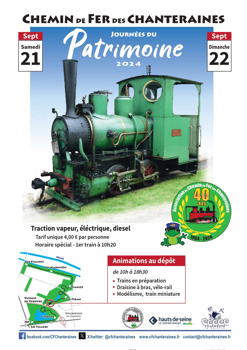 Chemin de Fer des Chanteraines (@cfchanteraines) on Twitter photo JOURNÉES DU PATRIMOINE 2024 <a href="/JEP/">Journéesdupatrimoine</a> #JourneesDuPatrimoine
Rendez-vous ce samedi & dimanche pour un riche week-end de circulations ferroviaires, d'animations et de découvertes 🚂
Programme à dérouler ⤵️ JOURNÉES DU PATRIMOINE 2024 <a href="/JEP/">Journéesdupatrimoine</a> #JourneesDuPatrimoine
Rendez-vous ce samedi & dimanche pour un riche week-end de circulations ferroviaires, d'animations et de découvertes 🚂
Programme à dérouler ⤵️