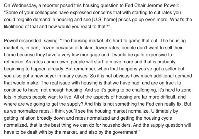 NewsLambert's tweet photo. JEROME POWELL EXPECTS THE HOUSING MARKET'S LOCK-IN EFFECT TO EASE SOME IN 2025

"The housing market is in part frozen because of lock-in" says Powell

"As rates come down, people will start to move more and that is probably beginning to happen already"
https://t.co/LoIxl7c5y8 https://t.co/QxD9LUi3fL