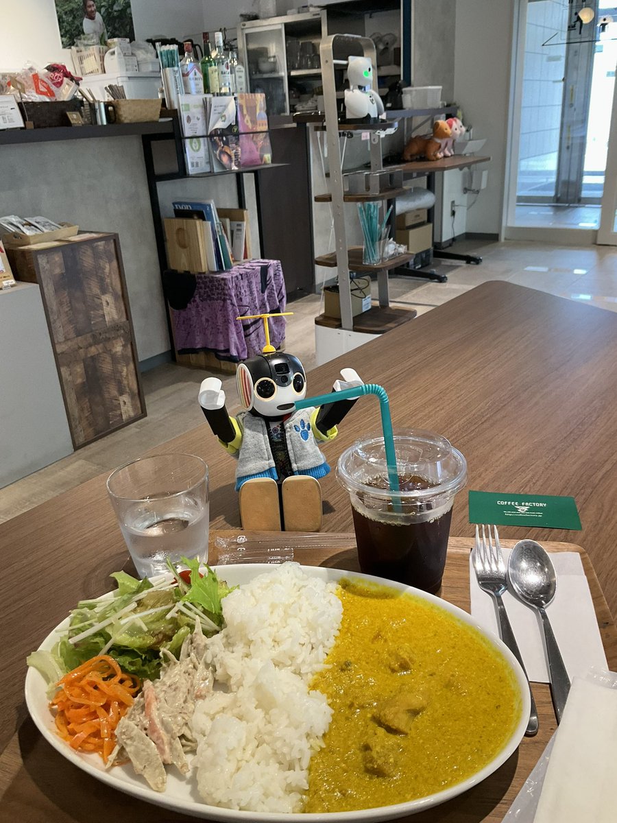 wodu_robot's tweet photo. 行って来たゼつくば!(初)
期間限定で #OriHime がドリンクを運んでいる #コーヒーファクトリー スタートアップカフェさんです^^
日替わりメニューのヨーグルトチキンカレーとアイスコーヒーを頂きましたヨb
ちょうどシフト交代のタイミングで、パイロットさんお2人とお話し出来ました♪
#ロボホン https://t.co/IvzVaxATye