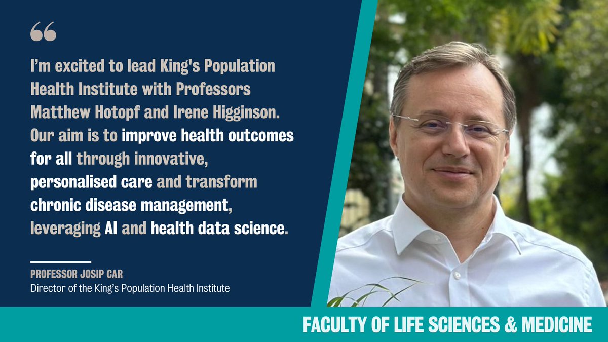 King's Faculty of Life Sciences & Medicine (@kingsmedicine) on Twitter photo Prof Josip Car <a href="/ejosipcar/">Josip Car</a> <a href="/lifecourse_KCL/">School of Life Course & Population Sciences</a> is leading the King's Population Health Institute, a new multidisciplinary research institute dedicated to tackling health inequalities through developing a new model of precise & personalised health.
Read more ➡️ kcl.ac.uk/news/kings-dra… Prof Josip Car <a href="/ejosipcar/">Josip Car</a> <a href="/lifecourse_KCL/">School of Life Course & Population Sciences</a> is leading the King's Population Health Institute, a new multidisciplinary research institute dedicated to tackling health inequalities through developing a new model of precise & personalised health.
Read more ➡️ kcl.ac.uk/news/kings-dra…