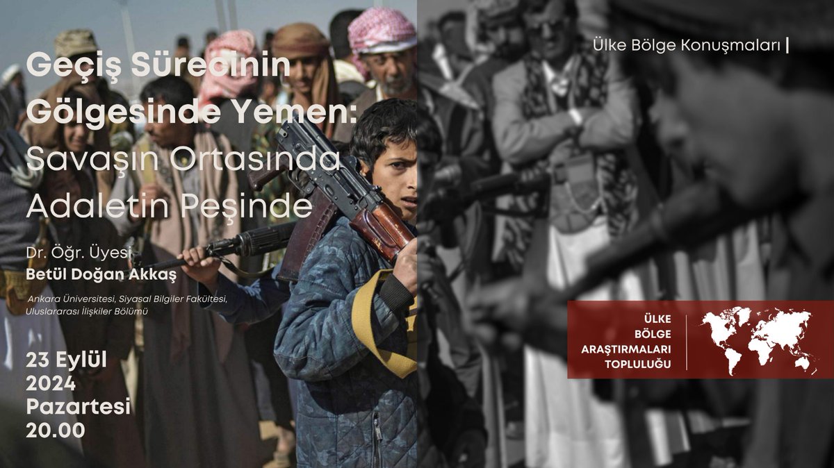 Ülke Bölge Konuşmaları kaldığı yerden devam ediyor! Bu dönemki ilk toplantımızı Ankara Üniversitesi'nden Dr. Öğr. Üyesi Betül Doğan Akkaş <a href="/betuldoganakkas/">Dr. Betul Dogan-Akkas</a>  ile gerçekleştireceğiz. 23 Eylül Pazartesi günü TSİ 20 de başlayacak olan toplantımızda Yemen'i konuşacağız. +