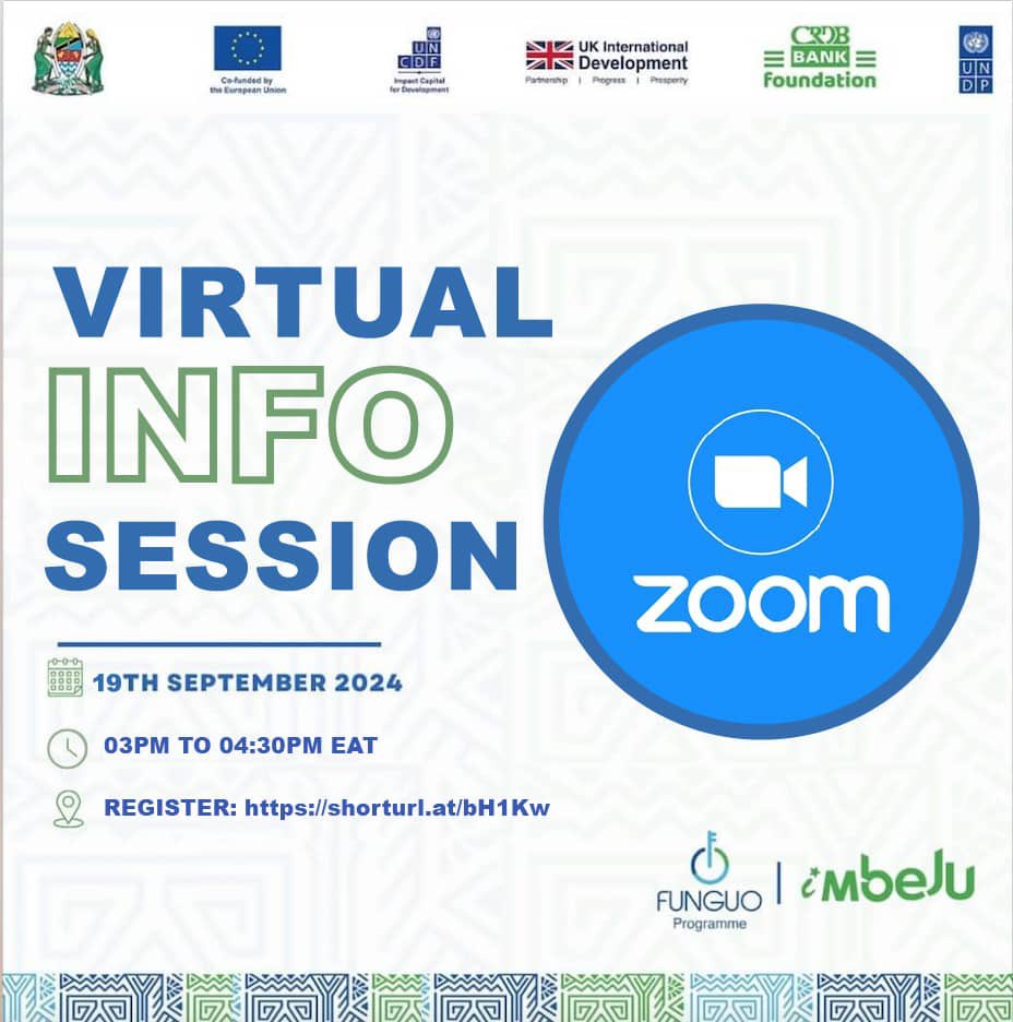 Join us today at 03:00 PM EAT for another virtual info session, where we’ll walk you through everything you need to know about securing FUNGUO’s grant, iMbeju’s revolving grant, or even both. 🔥

🔗 Join here: shorturl.at/bH1Kw or visit our bio. 

<a href="/UNCDF/">UN Capital Development Fund</a> <a href="/EUinTZ/">EU in Tanzania</a> <a href="/undptz/">UNDP Tanzania</a>