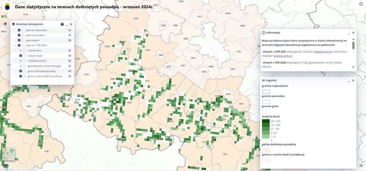 StatPoland's tweet image. In the #GeostatiscPortal has been published the map showing #statisticaldata in a kilometre grid in flood areas. It is available in the #ResourceCatalog geo.stat.gov.pl/app/cat/?lang=…
Information about the data on which it is based ➡️tinyurl.com/y38357hv (in polish)