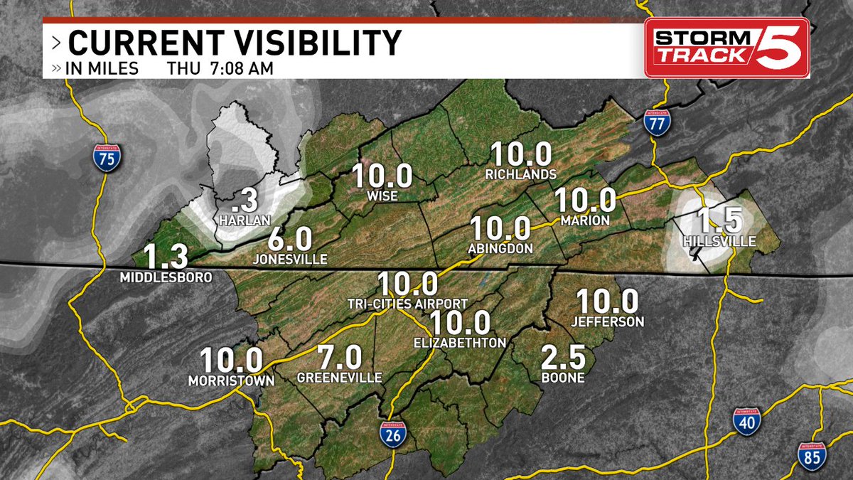 Good morning. Here's the latest visibility map. Latest forecast on News 5 and WCYB.com/weather.