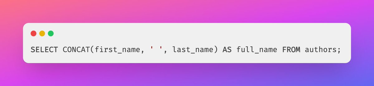Yuvaraj81763681's tweet image. 50/
SQL also has powerful string functions. For example, CONCAT joins strings together: 
This combines first and last names into a full name. #SQLStringFunctions