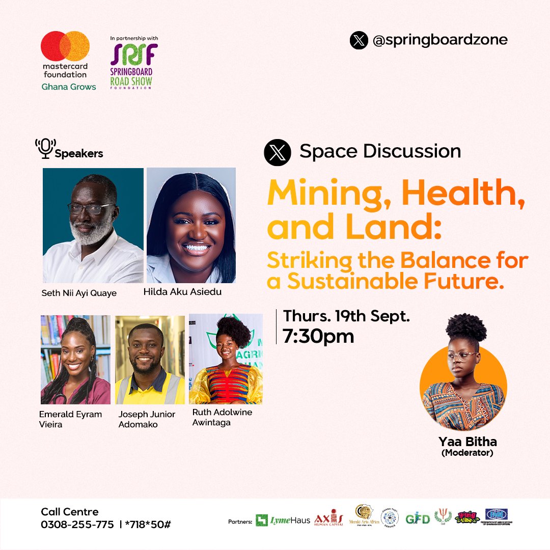 SpringboardChn's tweet photo. Sustainable mining, clean water, arable land for agric and public health? Can we have all? Or is it okay to be selective?  This Thursday at 7:30pm, join the X-Space discussion via 👉🏽https://t.co/R24zEzyfT7… for a thought-provoking discussion and share your thoughts. https://t.co/5JjcAejrvK