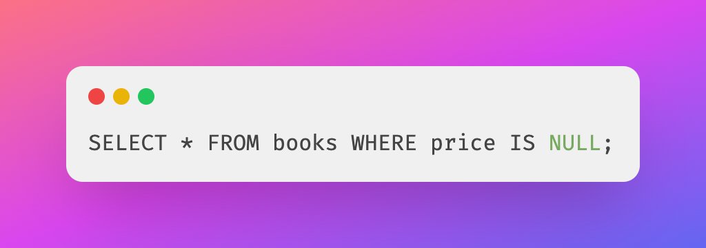 Yuvaraj81763681's tweet image. 52/
SQL can handle NULL values, which represent missing or unknown data. You can check for them like this:
This finds books where the price isn't set. #SQLNULL