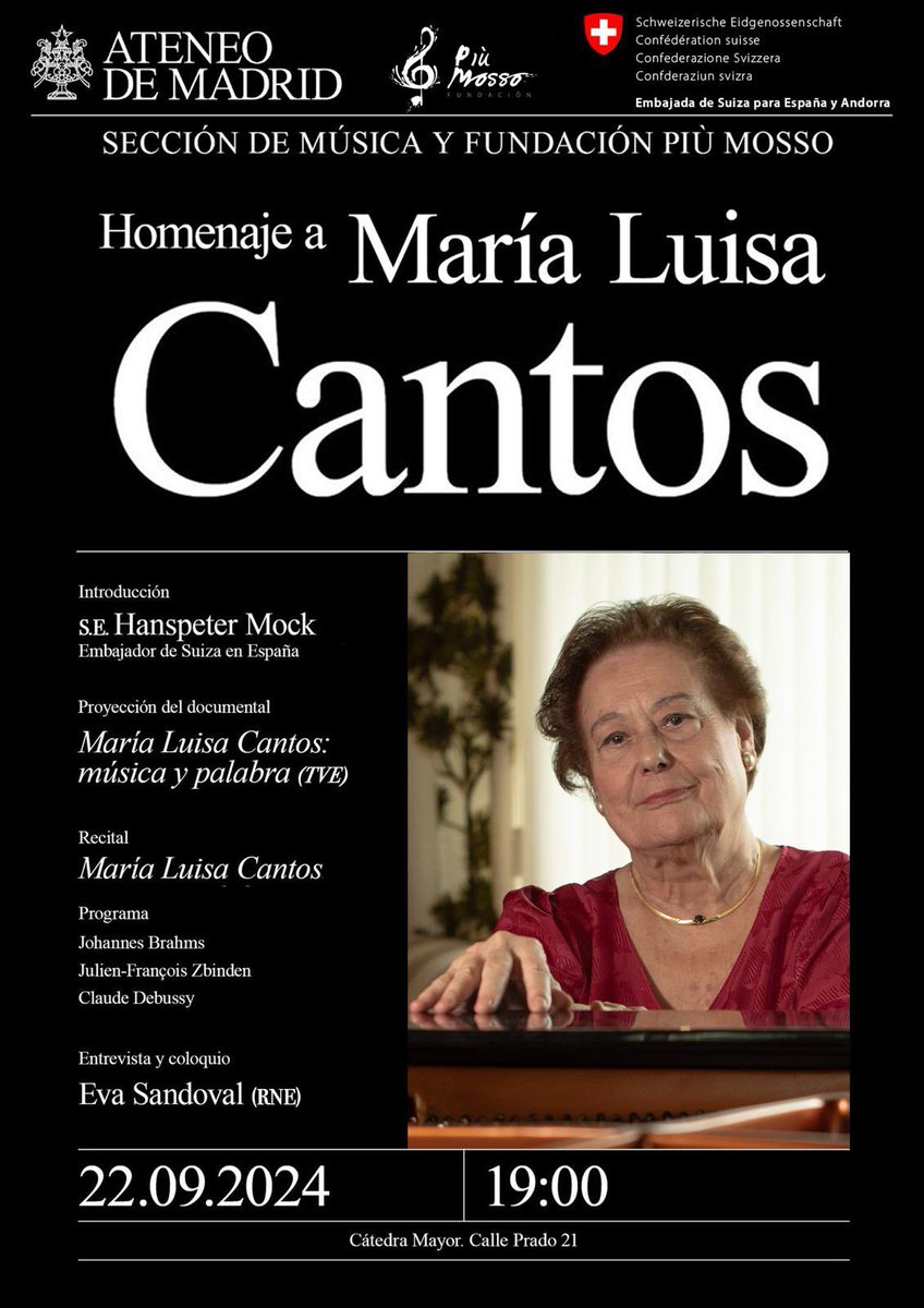 embsuizaespana's tweet photo. Este excepcional recital de la gran pianista radicada en #Suiza 🇨🇭Maria Luisa Cantos tendrá lugar el próximo domingo 22 de septiembre a las 19:00 horas en el @ateneodemadrid … no se lo pierdan! https://t.co/2gyRuNZAID