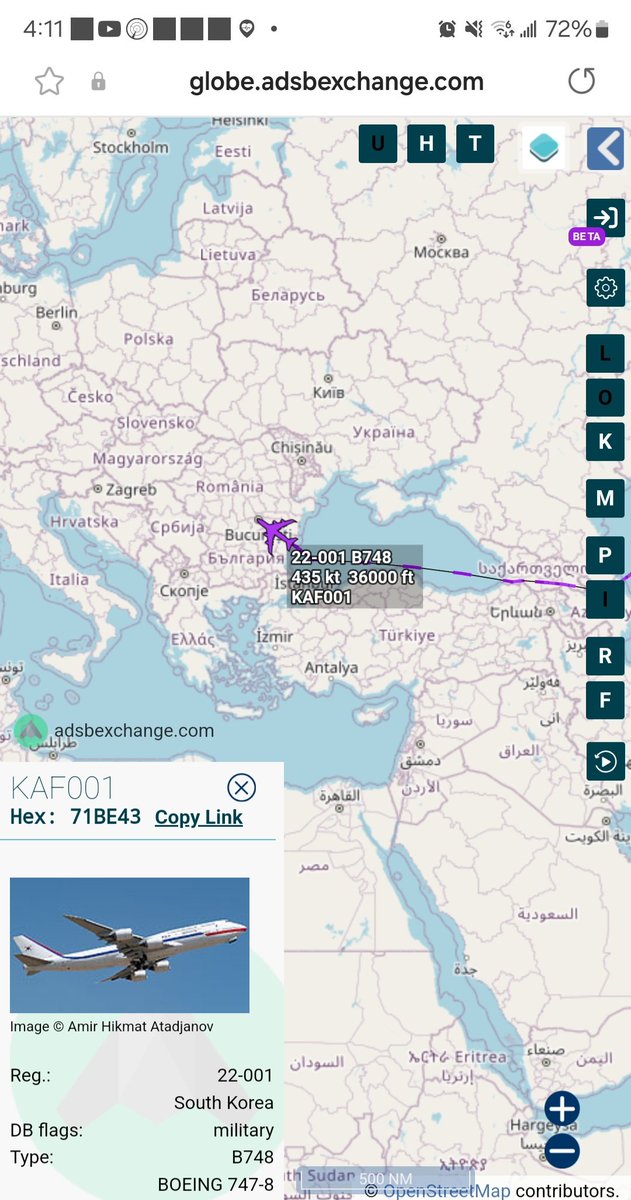 Borrowed7Time's tweet photo. Republic of Korea VIP B747-800 22-001 #71BE43 as KAF001 en route to Prague from Seoul. On board, President Yoon Seok-youl, who will visit the Czech Republic.
@sipjack1776 https://t.co/eTfVsxoKVi