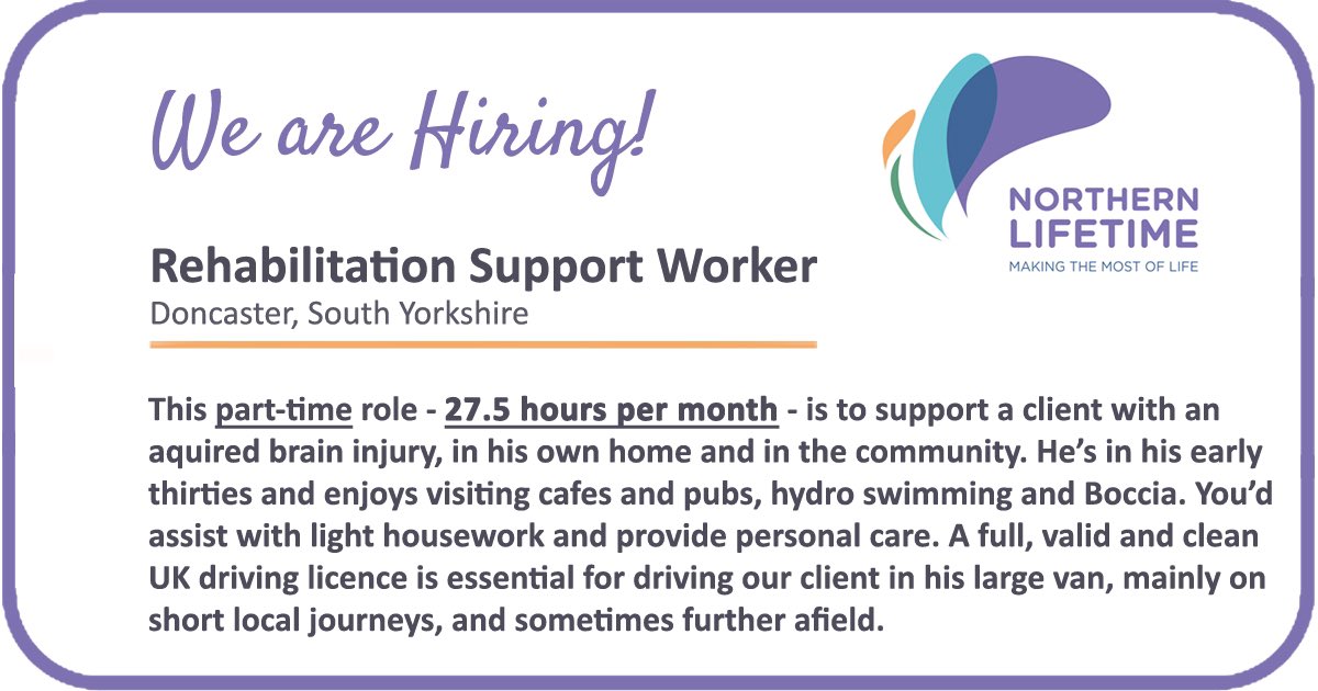 You’ll find a job specification for this Support Worker role in Doncaster, here northernlifetime.co.uk/recruitment