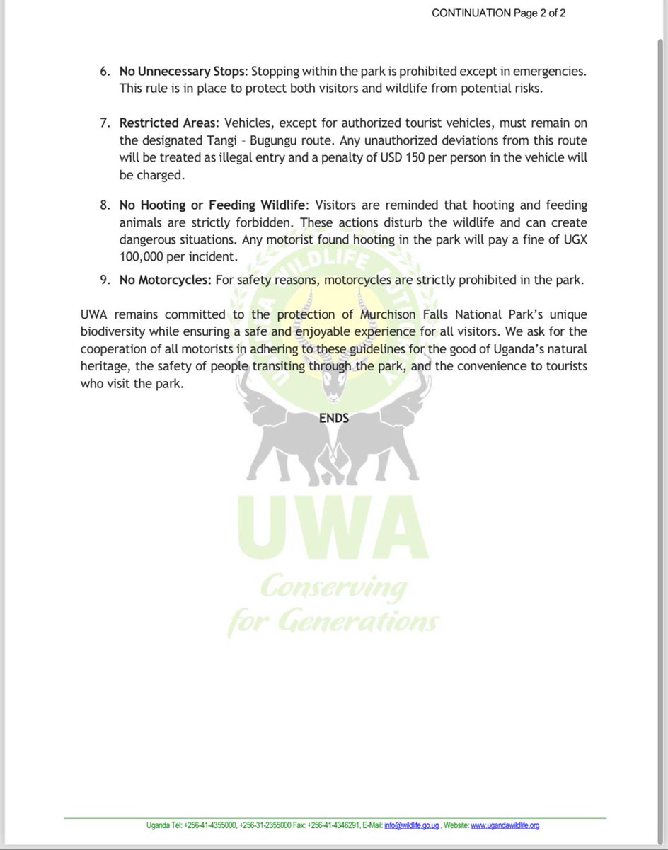 ugwildlife's tweet photo. Following the temporary closure of Karuma Bridge for all vehicles over the next three months, the management of Uganda Wildlife Authority (UWA) would like to provide the following guidelines for motorists transiting through the alternative route via Murchison Falls National Park. https://t.co/Nndc55orIw