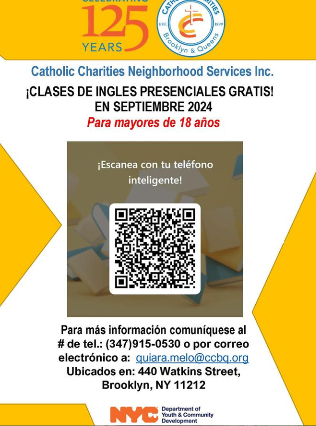 CathCharitiesBQ's tweet photo. 📣 Hey #Brownsville, #Brooklyn! Ready to boost your English skills? Look no further than #CCBQ for FREE #Englishclasses! Dive into our language learning journey with us. Check out our flyers for all the deets and let's rock those ESL classes together. #BetheSolution #ESLClasses https://t.co/8hcWNZW0Y0