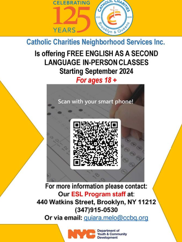 CathCharitiesBQ's tweet photo. 📣 Hey #Brownsville, #Brooklyn! Ready to boost your English skills? Look no further than #CCBQ for FREE #Englishclasses! Dive into our language learning journey with us. Check out our flyers for all the deets and let's rock those ESL classes together. #BetheSolution #ESLClasses https://t.co/8hcWNZW0Y0