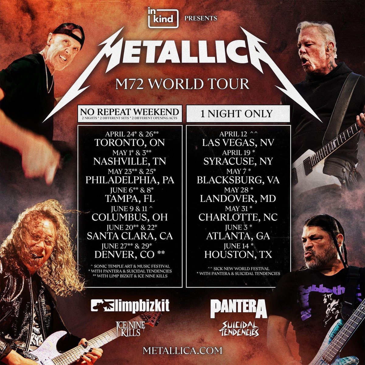 METALLICA Announces North American Tour w/ PANTERA, LIMP BIZKIT, SUICIDAL TENDENCIES, ICE NINE KILLS For 2025:

#metallica #pantera #limpbizkit #suicidaltendencies #iceninekills 

facebook.com/share/p/PeXQH8…