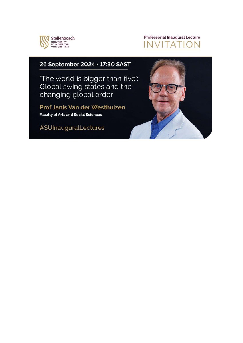 Dean of Arts and Social Sciences
invites you to join us as we celebrate this milestone
in the remarkable academic journey of
Prof Janis van der Westhuizen
Thursday 26 September 2024 at 17:30 SAST
Stellenbosch University Library, Auditorium, 
RSVP link: forms.office.com/r/jBiQ3BLrHk