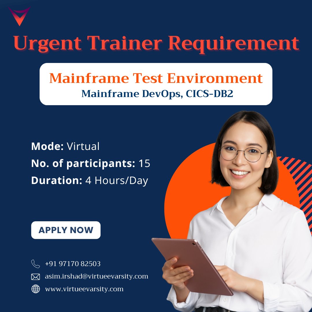 virtueevarsity's tweet image. 📢 Urgent Trainer Requirement!

Virtuee Varsity is looking for a skilled trainer in Mainframe Test Environment covering Mainframe DevOps and CICS-DB2. 💻

Interested? Apply Now!
📞 +91 97170 82503
📧 asim.irshad@virtueevarsity.com
🌐 virtueevarsity.com

#MainframeDevOps