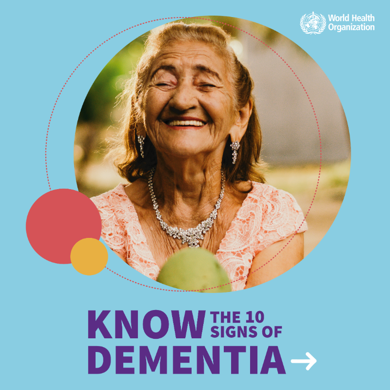 WHO's tweet photo. Today is #WorldAlzheimersDay.

🔹 Alzheimer disease is the most common form of dementia
🔹 It affects memory, thinking and the ability to perform daily activities
🔹It mostly affects older people, but not everyone will get it as they age
