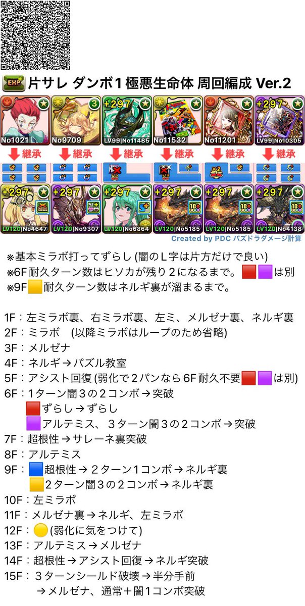 x3UpsRgujMbuI5O's tweet photo. #パズドラ 片サレ 極悪生命体 周回編成 Ver.2

　編成と立ち回りを更新しました
耐久ターンを減らしドロ強を増やしました https://t.co/CMK2RrSaoj
