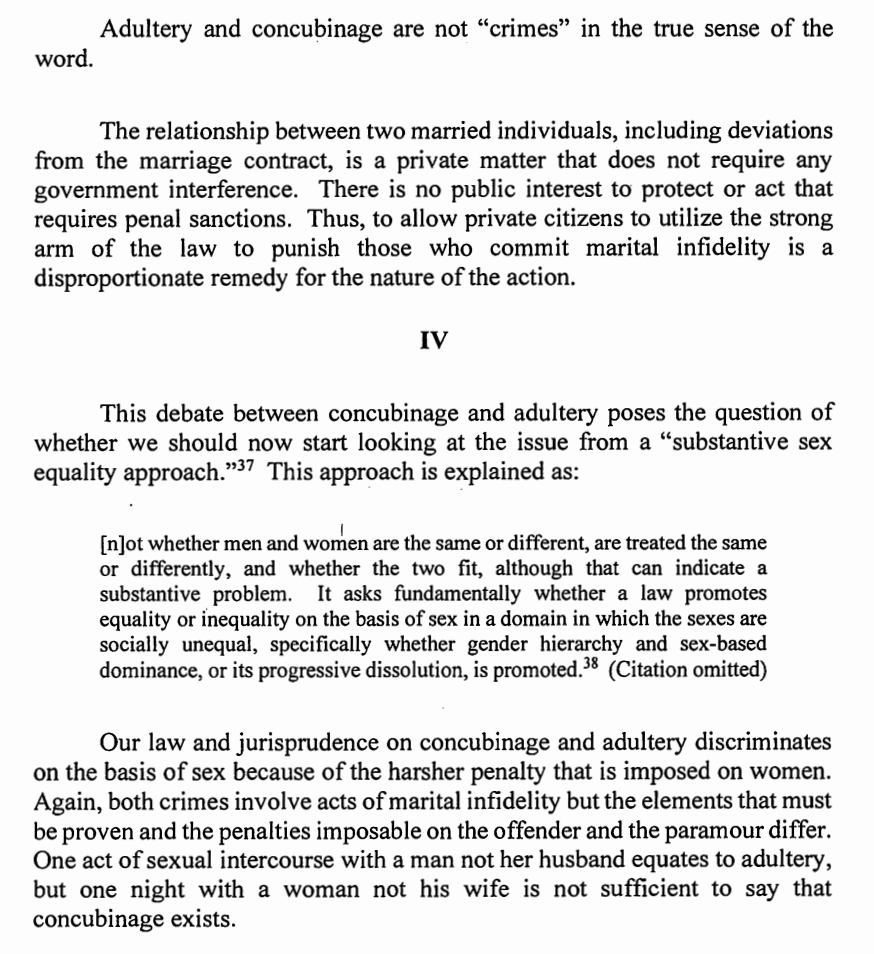 Dissenting in Valencia v. Ppl (G.R. 244657, 12 Feb 2024), SAJ Leonen while finding lack of proof beyond reasonable doubt for crime of adultery, also takes aim at the constitutionality of the RPC provisions criminalizing adultery/concubinage. sc.judiciary.gov.ph/wp-content/upl…