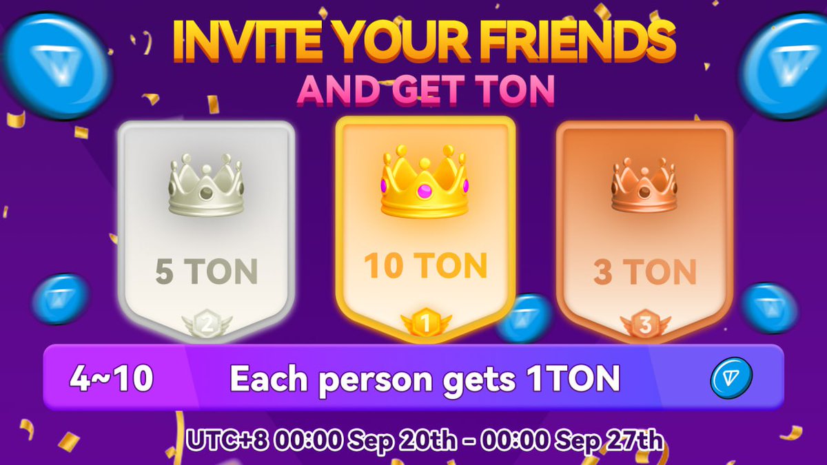We have some great news! We're announcing the start of weekly leaderboard airdrops. 🔥

🔥The first week, we'll give away 25 tons.

How to get:

👯‍♀️Invite friends to join the bot, invite the most people and get ranked.
🥇: 10TON                   6⃣：1TON
🥈: 5TON