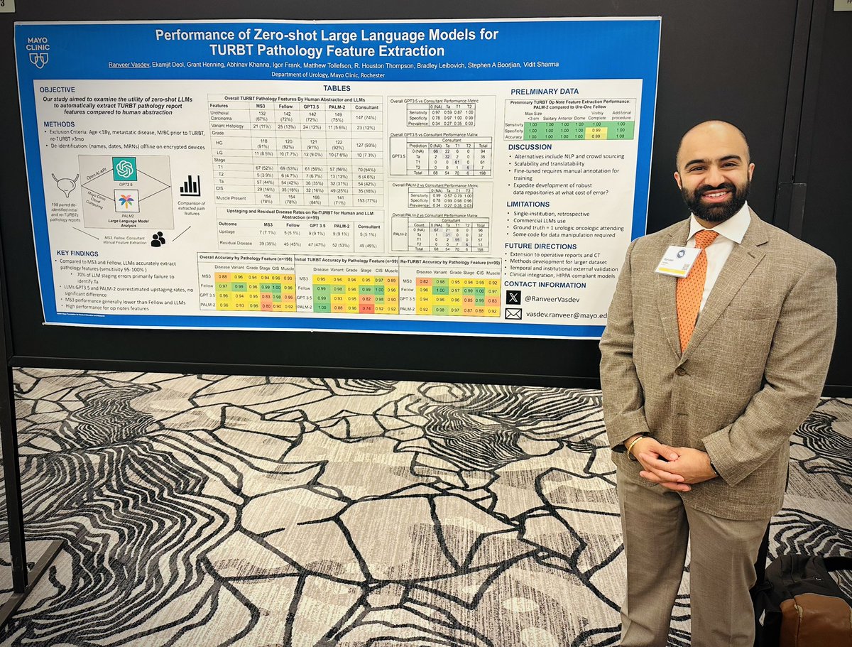 Candace Granberg, MD (@candacegranberg) on Twitter photo 🎉CONGRATS 🎉to <a href="/MayoUrology/">Mayo Clinic Urology</a>’s <a href="/RanveerVasdev/">Ranveer Vasdev, MD, MS</a> on winning best poster in the AI/machine leaning session at #NCSAUA24! 🥇
💥Zero-shot large language models for TURBT path feature extraction ➡️ accurate
💥Take home: LLMs can enhance efficiency, development of onc research databases 🎉CONGRATS 🎉to <a href="/MayoUrology/">Mayo Clinic Urology</a>’s <a href="/RanveerVasdev/">Ranveer Vasdev, MD, MS</a> on winning best poster in the AI/machine leaning session at #NCSAUA24! 🥇
💥Zero-shot large language models for TURBT path feature extraction ➡️ accurate
💥Take home: LLMs can enhance efficiency, development of onc research databases