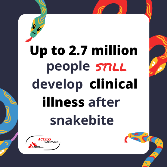 MSF's tweet photo. Snake venom can cause immediate physical effects like respiratory paralysis, suffocation, bleeding disorders, kidney failure &amp; severe tissue damage that can require amputation. 

Without access to the right antivenom, snakebites are often fatal. https://t.co/Ix9NMsAZCs