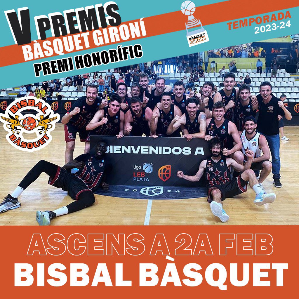 🔆 Últim guardó!!!
🏆 El “Premi Honorífic 2023/24” és pel <a href="/bisbalbasquet/">Bisbal Bàsquet //*//</a> pel seu ascens a 2a FEB (Leb Plata). Felicitats! 👏🏼
📊 El club bisbalenc s’imposa per 674 a 271 vots al <a href="/BasquetGirona/">Bàsquet Girona</a>, finalista pel reconeixement als seus 10 anys.