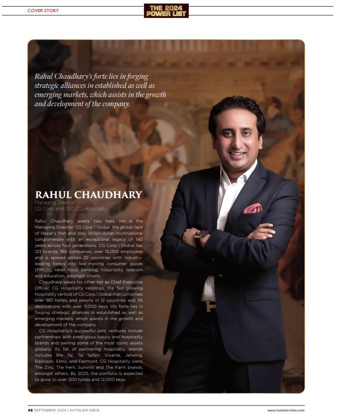 Thrilled to share that our MD &amp; CEO, Rahul Chaudhary, has been featured in <a href="/HotelierIndia/">Hotelier India</a>'s 2024 Power List for the 5th year in a row!  Still the youngest on the list, Rahul's leadership continues to drive CG Hospitality's global growth with 180+ hotels across 12 countries.