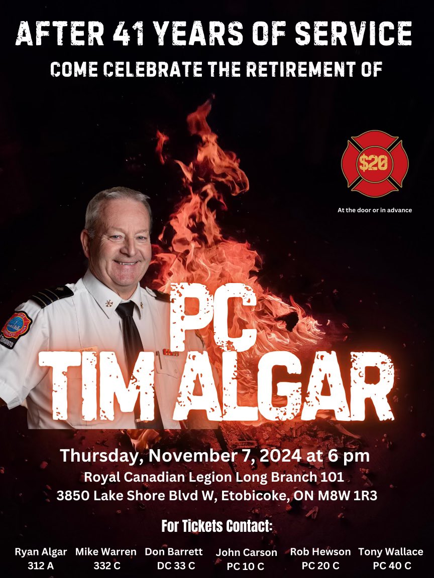 Announcing the Retirement Party for Tim Algar!
Come on Out and Wish him a Happy Retirement!
Thursday November 7th 2024
Royal Canadian Legion Branch 101
3580 Lake Shore Blvd W Etobicoke