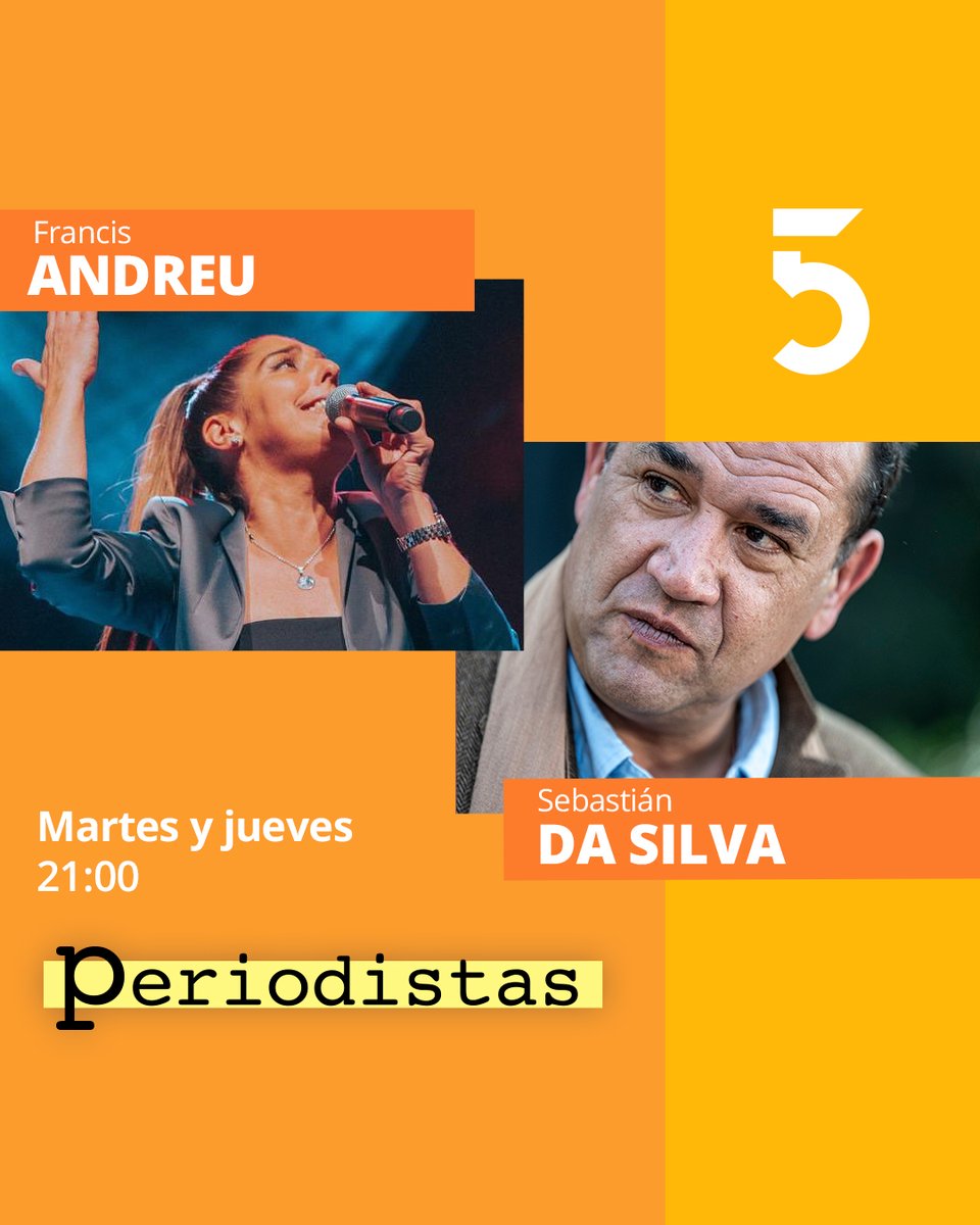 📺 Esta noche en <a href="/periodistastv5/">Periodistas - Toda la verdad</a>:

👉 <a href="/FrancisAndreuOk/">Francis Andreu</a>: cantante.
👉 <a href="/camboue/">Sebastian Da Silva</a>: Partido Nacional.

🕘 21:00 con <a href="/jorgetraversojt/">Jorge Traverso</a>, Alfonso Lessa, <a href="/DiegoZas/">Diego Zas</a> y <a href="/maguipradop/">Magdalena Prado Pesce</a>