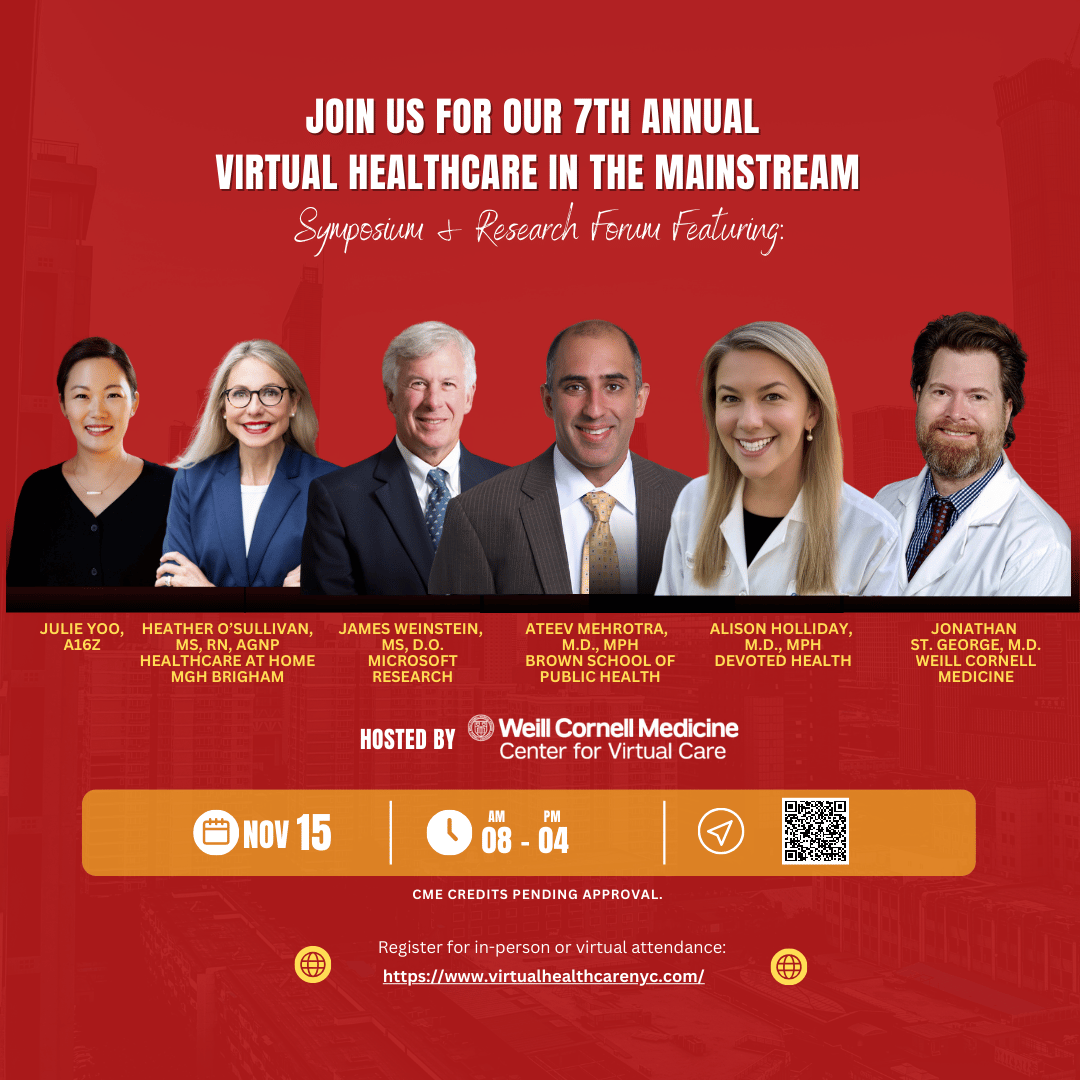 WCM Emergency Medicine (@wcmemergency) on Twitter photo Registration is still open for <a href="/WeillCornell/">Weill Cornell Medicine</a>'s #VirtualHealthcare in the Mainstream Symposium and Research Forum on 11/15/24! Limited in-person seats are available, so secure your spot today. Register now: virtualhealthcarenyc.com
#digitalhealth #healthtech #telemedicine Registration is still open for <a href="/WeillCornell/">Weill Cornell Medicine</a>'s #VirtualHealthcare in the Mainstream Symposium and Research Forum on 11/15/24! Limited in-person seats are available, so secure your spot today. Register now: virtualhealthcarenyc.com
#digitalhealth #healthtech #telemedicine