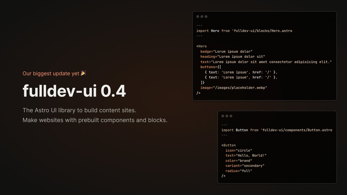 silveltm's tweet photo. We just released our biggest update yet of fulldev-ui, a UI component and block library for @astrodotbuild!

- 50+ ready to use blocks
- Automatic color palettes generator
- A new documentation site
- Improved components

This update illustrates the direction we're going [1/4] https://t.co/h0lNqvHU1q
