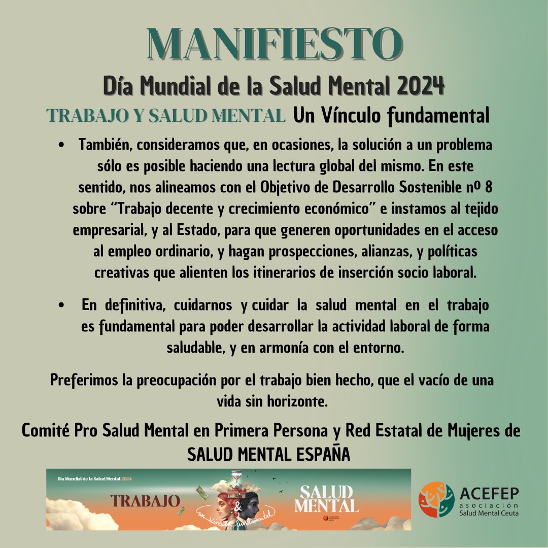 📣 Os dejamos aquí el MANIFIESTO del #DíaMundialdelaSaludMental, elaborado por el Comité Pro Salud Mental en Primera Personas y la Red Estatal de Mujeres de <a href="/consaludmental/">SALUD MENTAL ESPAÑA</a>
"Trabajo y Salud Mental, un vínculo fundamental"
#saludmental #TrabajoSaludMentalVinculoFundamental