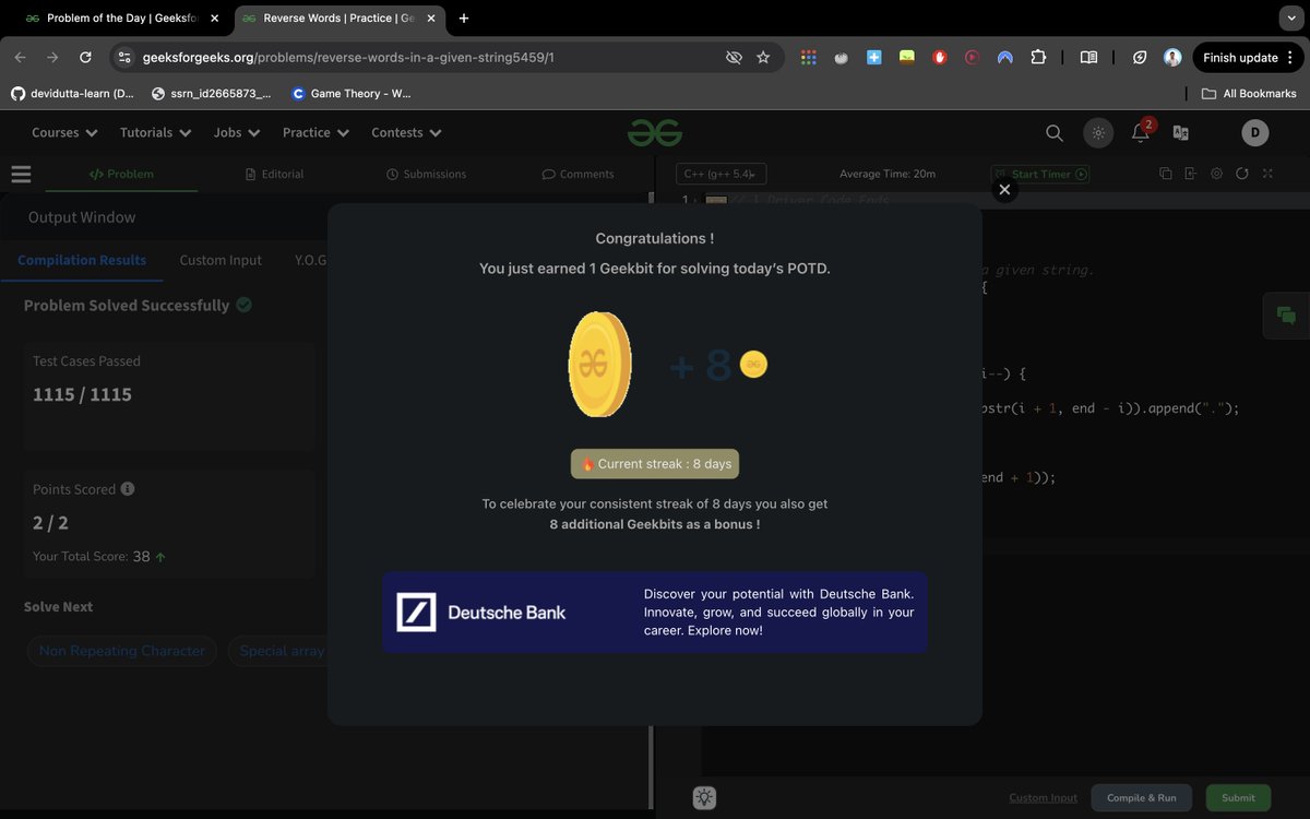 devidutta18's tweet image. Day 8 of Solving GFG Potd, Easy problem-Reversing a Word
#DeutscheBank #geekstreak2024