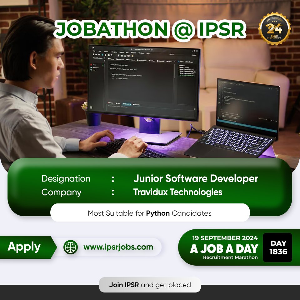 ipsr_solutions's tweet image. Day 1836 of our Jobathon!
#JOBATHON Recruitment Marathon by ipsr solutions ltd
Don't miss out on this fantastic opportunity!
For more details: ipsr.org/app/placements…
#juniorsoftwaredeveloper #careeropportunity #ltjobs #MNCJobs #techcelerating_careers