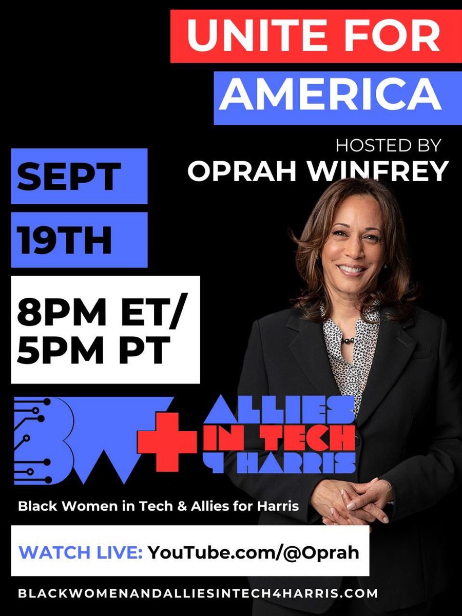 Mother of Hackers: Cyber and IT Plug | BGH (@misstennisha) on Twitter photo I am joining the Unite for America livestream tonight, Sept 19th at 8 PM ET with <a href="/Oprah/">Oprah Winfrey</a> & <a href="/KamalaHarris/">Kamala Harris</a> and an incredible community of change makers!Â
Watch the live stream:
youtube.com/@oprah
#UniteForAmerica #UnitedWeWin #OprahWinfrey #WinWithBlackWomen #BlackWomenInTech I am joining the Unite for America livestream tonight, Sept 19th at 8 PM ET with <a href="/Oprah/">Oprah Winfrey</a> & <a href="/KamalaHarris/">Kamala Harris</a> and an incredible community of change makers!Â
Watch the live stream:
youtube.com/@oprah
#UniteForAmerica #UnitedWeWin #OprahWinfrey #WinWithBlackWomen #BlackWomenInTech