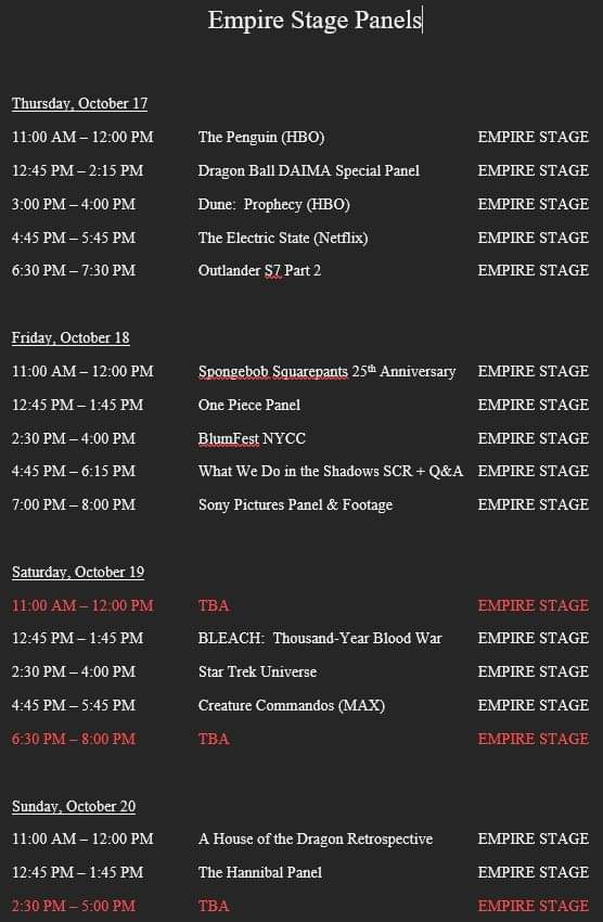Organized all the main and empire stage panels into documents.  Notice there are still a few to be announced.  Use this list to prepare for panel reservations.  
#NYCC
#NYCC2024
#NewYorkComicCon