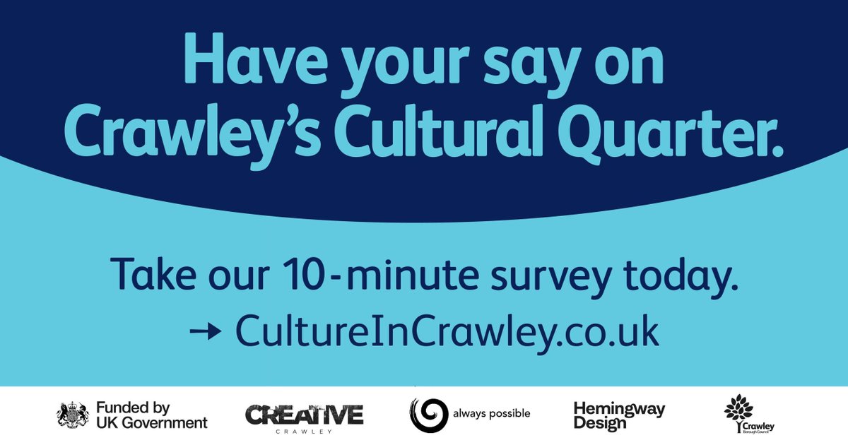 Crawley Borough Council is exploring what a cultural quarter in the town centre could look and feel like, and we need your input!

Take 10 minutes to share your views and help shape Crawley’s creative future.

#CrawleyCulture #CulturalQuarter 

➡️  eu1.hubs.ly/H0cv3M-0