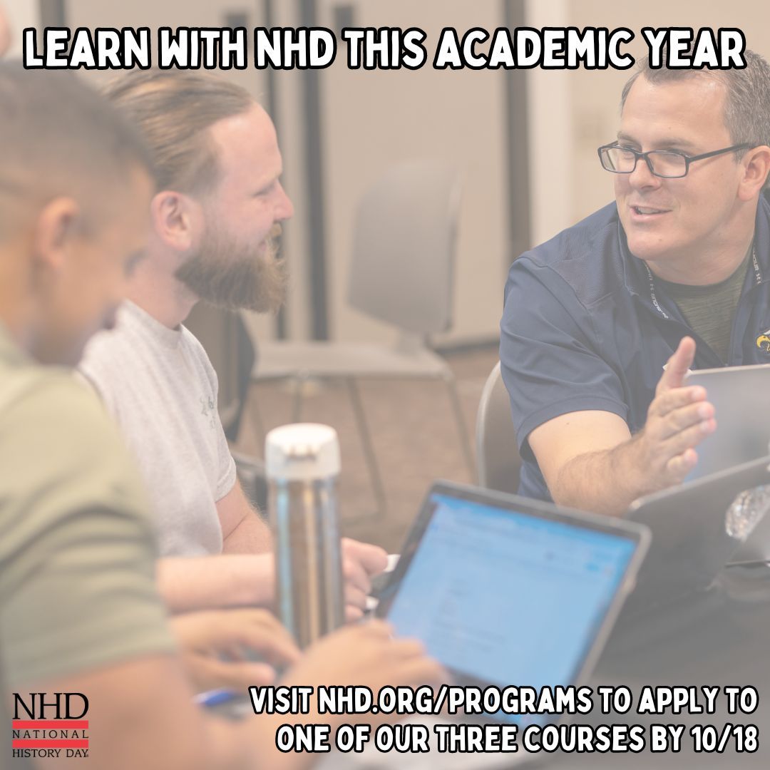 Teachers: Apply now for NHD's no-cost virtual PD opportunities during the 2024/2025 academic year! Our courses Researching Silent Heroes, Teaching African American History, &amp; Historical Argumentation will improve your teaching. Learn more and apply now at nhd.org/programs.